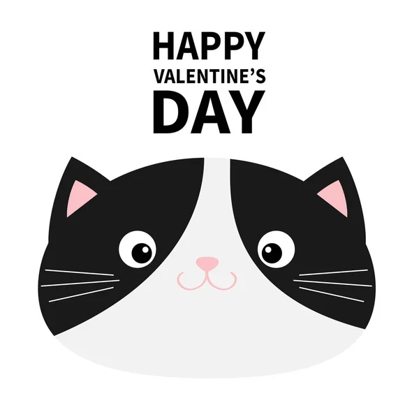 Happy Valentines Day. Cat head face icon. Black and white color. Funny Kawaii smiling baby animal. Cute cartoon funny character. Pet collection. Flat design. Kids background. Isolated. — Stockvector