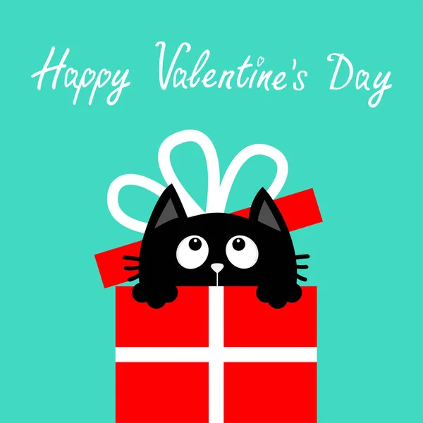 Cat inside red giftbox with bow. Happy Valentines Day. Cute cartoon kawaii funny animal. Kitten looking up. Kitty holding gift present box. Flat design. Blue background. Isolated. — Stock Vector