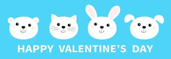 Joyeuse Saint-Valentin. Ours, chat, chien, lapin. Tête d'animal visage rond icône ligne de jeu. Couleur blanche. Mignon personnage de dessin animé kawaii bébé drôle. Design plat. Isolé. Fond bleu . — Image vectorielle