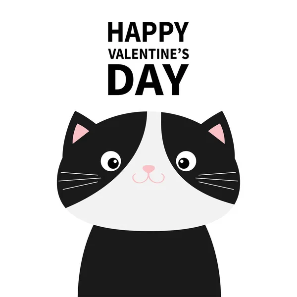 Zwart-wit kattenkop gezicht lichaam. Fijne Valentijnsdag. Grappig Kawaii lachend baby dier. Leuke cartoon grappige karakter. Huisdierenverzameling. Vlak ontwerp. Kinderen achtergrond. geïsoleerd. — Stockvector