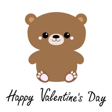 Sevgililer Günün kutlu olsun. Boz ayı oyuncağı oturuyor. Büyük gözler. Sevimli çizgi film komik kawaii karakteri. Orman yavrusu hayvan koleksiyonu. Beyaz arka plan. İzole edilmiş. Düz tasarım.