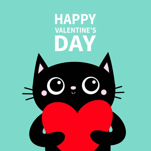 Schwarze Katze mit großem roten Herz. Alles Gute zum Valentinstag. Nette Zeichentrickfigur. Kitty Kätzchen. Lustiges Kawaii Tier. Babykarte. Haustiersammlung. Flaches Design. Blauer Hintergrund. — Stockvektor