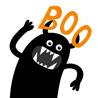 Canavar çığlık atan ürkütücü siluet. Boo mesajı. İskandinav tarzı. Mutlu Cadılar Bayramı. Gözler, dişler, eller yukarı. Siyah komik çizgi film kawaii bebek karakteri. Düz dizayn. Beyaz arkaplan.
