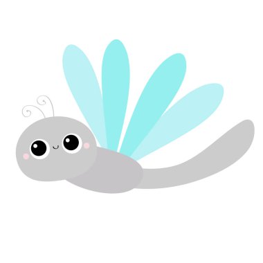 Yusufçuk ikonu. Tatlı çizgi film kawaii komik bebek karakteri. Mavi kanatlı ejderha böcek koleksiyonu. Gülen surat, boynuzlar. Çocuklar sanat klipsleri. Beyaz arka plan. İzole edilmiş. Düz tasarım.