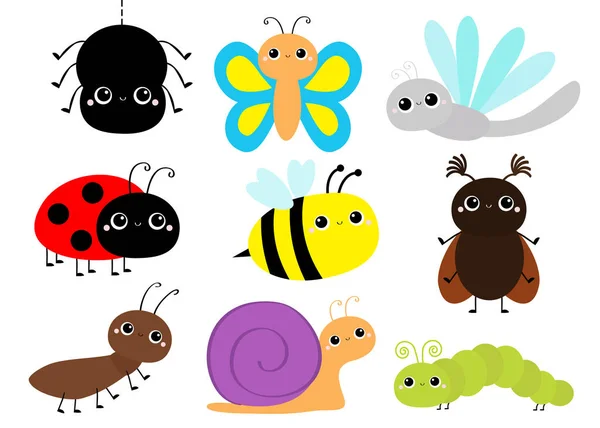 Insect set. Beetle, ladybug ladybird, dragonfly, ant, butterfly, green caterpillar, spider, honey bee, snail. Cute cartoon kawaii baby animal character. Flat design. White background. Isolated. — Stock Vector