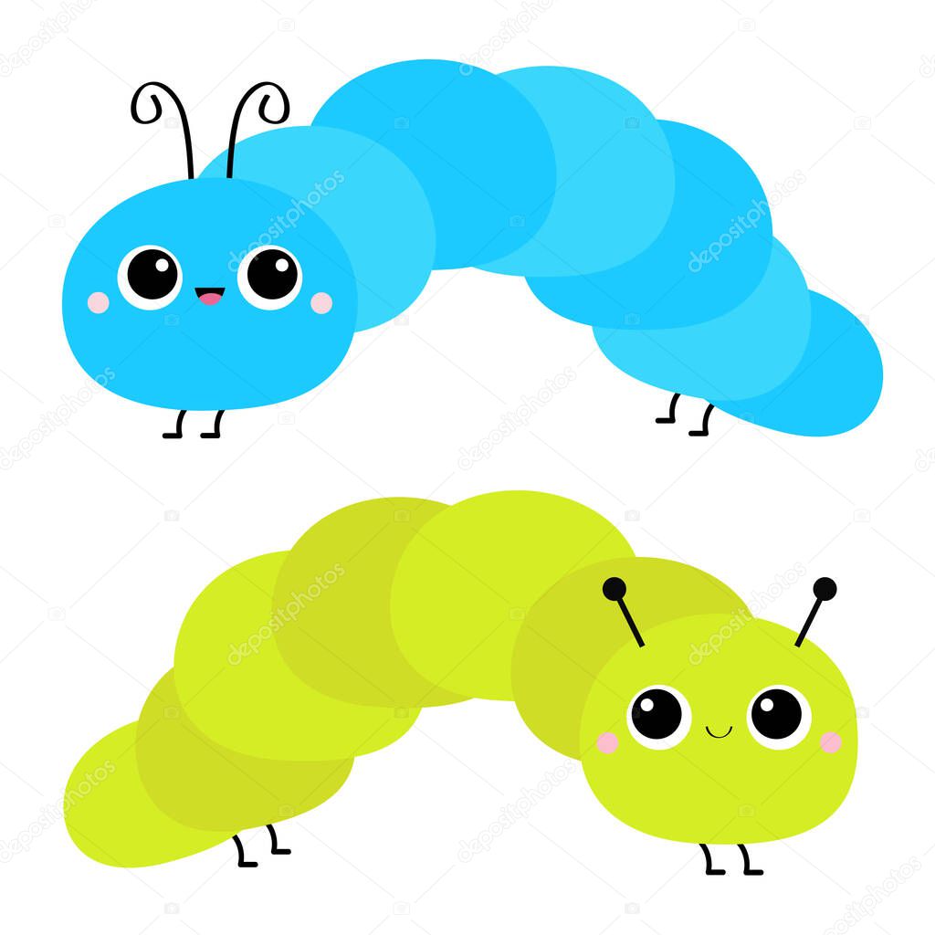 Caterpillar Insect Icon Set Cute Crawling Catapillar Bug Cartoon Funny Kawaii Baby Animal Character Smiling Face Colorful Bright Blue Green Color Flat Design White Background Isolated Vector Premium Vector In Adobe