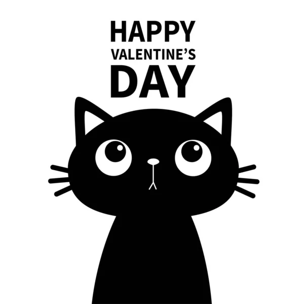 猫はテキストを見上げます ハッピーバレンタインデー かわいい漫画面白いキャラクター かわいいペットの赤ちゃん動物 ブラックのシルエットステッカープリント フラットデザイン 白地だ ベクターイラスト — ストックベクタ