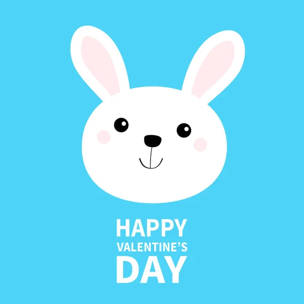 ハッピーバレンタインデー 白いウサギのウサギの顔の頭の丸いアイコン かわいいカワイイ漫画面白いキャラクター 赤ちゃんの挨拶カード 青の背景 フラットデザイン ベクターイラスト — ストックベクタ