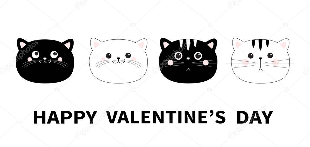 Happy Valentines Day. Black white cat head face line contour silhouette icon set. Funny kawaii smiling sad doodle pet animal. Cute cartoon funny character. Flat design Baby background. Vector