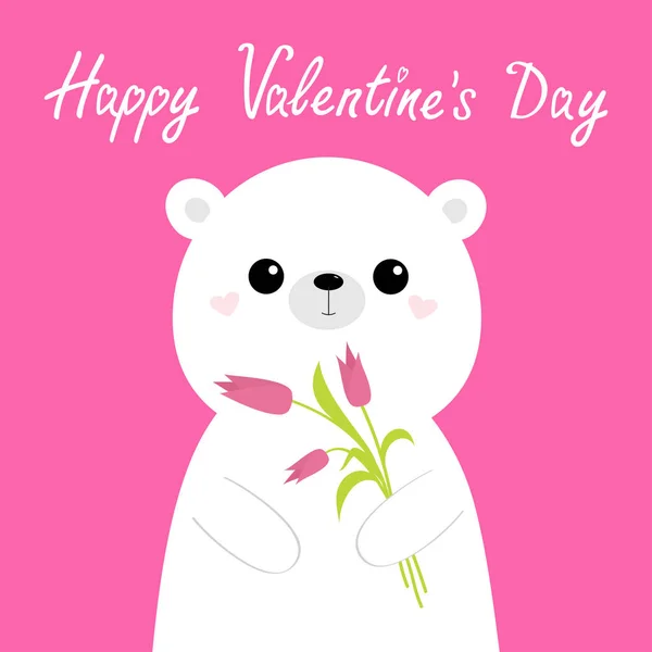 ハッピーバレンタインデー チューリップの花束を持つかわいい白いクマ かわいい子猫ちゃん 漫画の面白い赤ちゃんのキャラクター 子供の指紋だ ラブラブカード 北欧風 フラットデザイン ピンクの背景 ベクトル — ストックベクタ