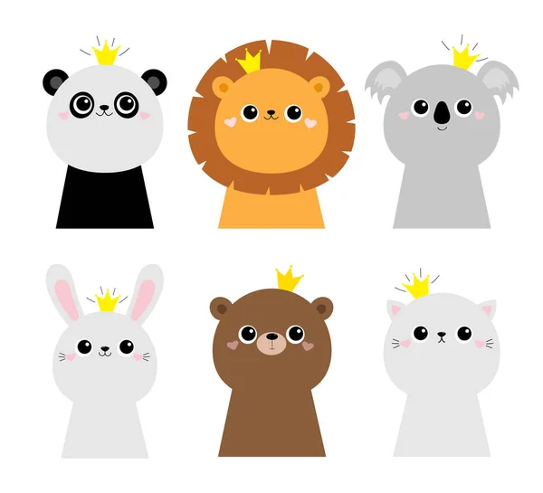 大熊猫兔子狮子考拉熊猫脸图标设置 孩子们印刷海报 可爱的卡瓦卡通人物有趣的婴儿角色 斯堪的纳维亚风格 金王冠爱情扁平白色背景矢量 — 图库矢量图片