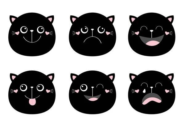 Mignon Ensemble Chat Noir Tête Ronde Personnages Drôles Bébé Kawaii — Image vectorielle