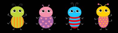 Böcek böcek hattı. Böcek hayvan koleksiyonu. Şirin çizgi film kawaii gülümseyen bebek karakteri. Çocuklar için eğitim kartları. Siyah arka plan. İzole edilmiş. Düz dizayn. Vektör illüstrasyonu