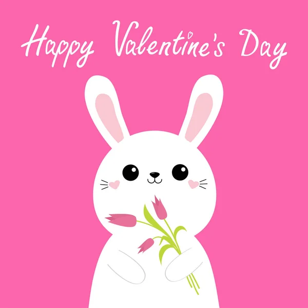 Joyeuse Saint Valentin Mignon Lapin Lièvre Tenant Bouquet Fleurs Tulipe — Image vectorielle