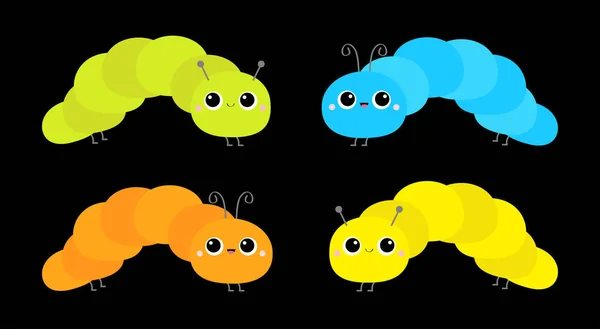 Four Cute Crawling Catapillar Bug Set Line Cartoon Funny Kawaii — Stock Vector