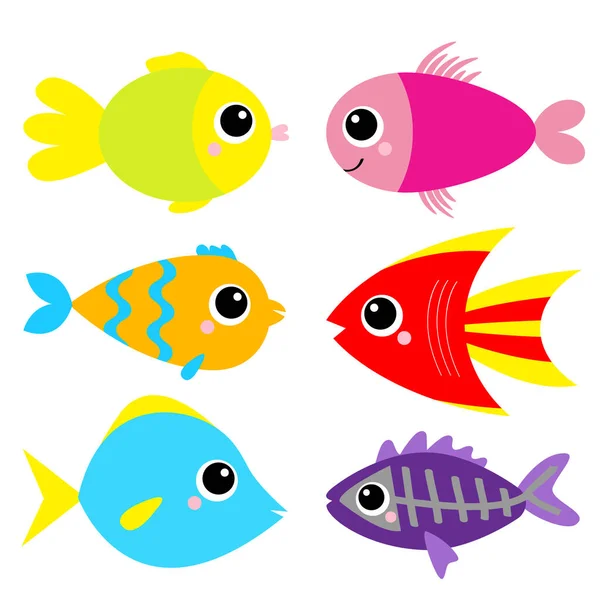 かわいい魚のアイコンセット 漫画カワイイ面白いキャラクター 赤ちゃんの子供のコレクション 水族館海の動物 海洋生物だ 白地だ 隔離されてる フラットデザイン ベクターイラスト — ストックベクタ