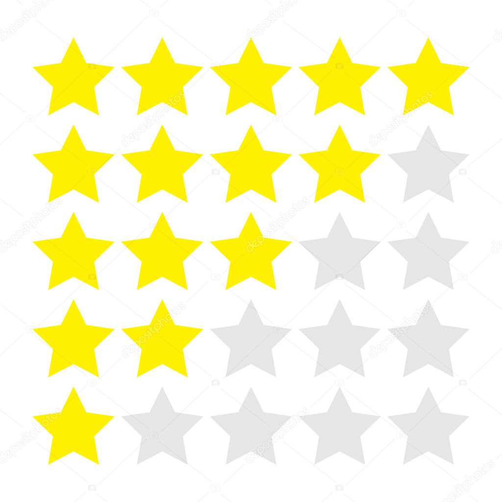 Five star rating icon set. Yellow color. Customer review. Feedback concept. Review survey. Flat design. White background. Isolated. Vector illustration