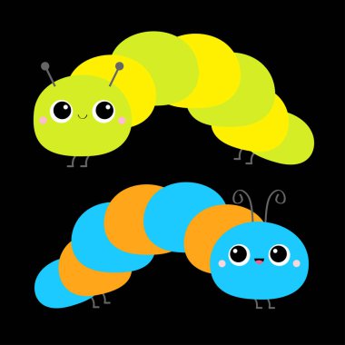 Tatlı sürünen mancınık böceği. Tırtıl böcek ikonu seti. Çizgi film komik kawaii bebek hayvan karakteri. Renkli parlak mavi sarı turuncu renk. Düz dizayn. İzole edilmiş. Siyah arka plan. Vektör