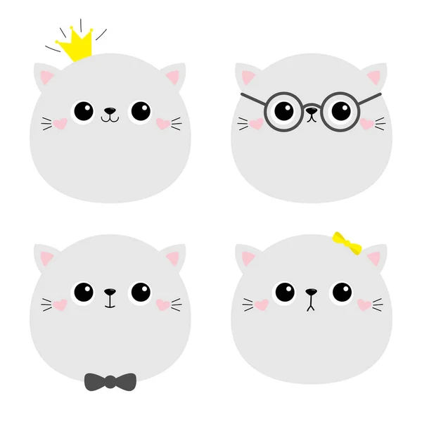 Cat Ktten Face Icon Set Cute Kawaii Kitty Animal Crown — Stock Vector