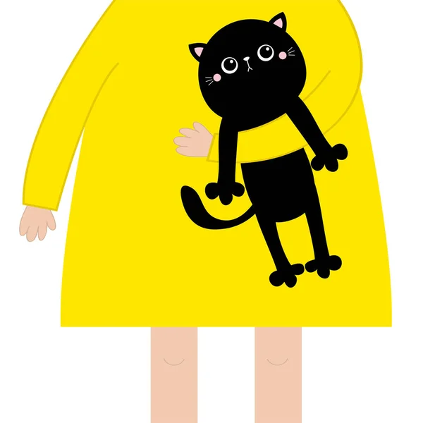 黒猫の子猫を持つ少女 かわいい漫画かわいい面白い赤ちゃんのキャラクター ハンギングボディの足の印刷 黒動物 私を採用する ペットコレクション フラットデザイン 白地だ 隔離されてる ベクトル — ストックベクタ