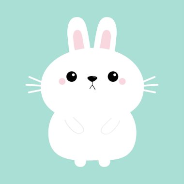 Beyaz Tavşan Tavşan ikonu. Komik surat. Şirin bir kawaii çizgi film karakteri. Sevgililer Günün kutlu olsun. Pembe yanaklar. Bebek tebrik kartı şablonu. İzole edilmiş. Mavi arka plan. Düz dizayn. Vektör