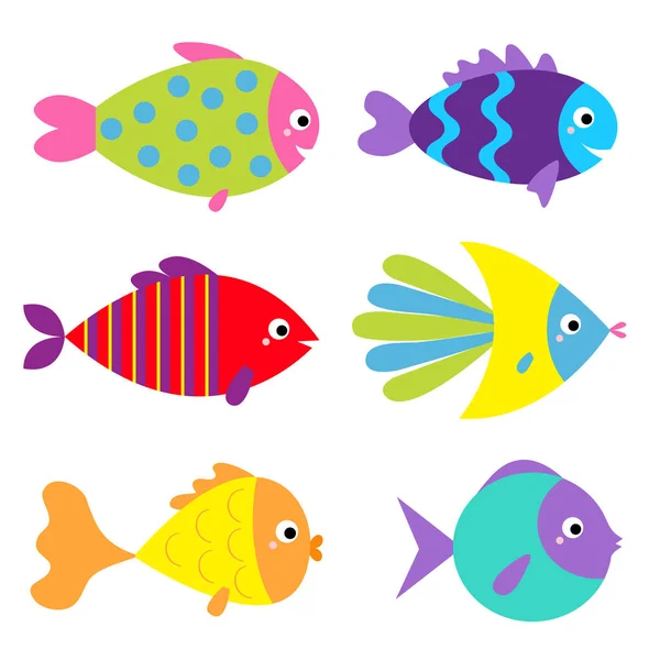 Set Icone Pesce Carino Cartone Animato Kawaii Personaggio Divertente Colorato — Vettoriale Stock