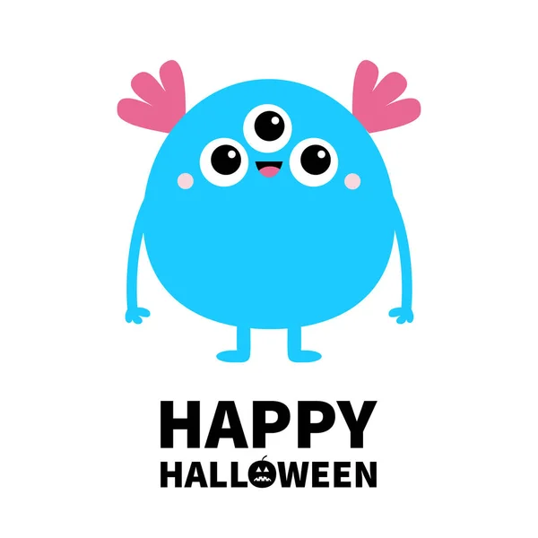 Happy Halloween Blue Monster Three Eyes Pink Ears Funny Cute — Stock Vector