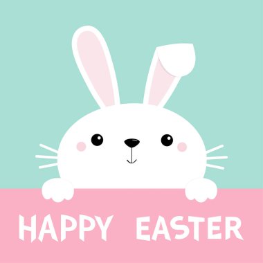 Mutlu Paskalya tavşanı yüzleri ve pençeleri. Tatlı çizgi film kawaii komik bebek karakteri. Uzun kulaklar. Çiftlik hayvanları koleksiyonu. Mavi arka plan. Bahar tebrik kartı. İzole edilmiş. Düz dizayn. Vektör illüstrasyonu