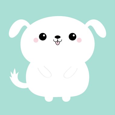 Beyaz köpek yavrusu ikonu. Sevimli komik surat. Kawaii çizgi film karakteri. Pembe yanaklar. Sevgililer Günün kutlu olsun. Bebek tebrik kartı şablonu. Mavi arka plan. Düz dizayn. Vektör illüstrasyonu