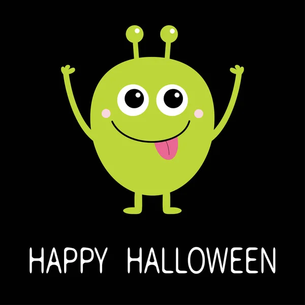 Happy Halloween Green Monster Big Eyes Tongue Horns Funny Cute — Stock Vector