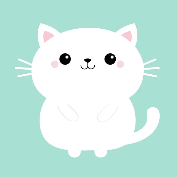 白い猫の子猫のアイコン かわいいかわいい漫画のラウンドキャラクター 面白い顔だ ハッピーバレンタインデー ピンクの頬 赤ちゃんのグリーティングカードのテンプレート 青の背景 隔離されてる フラットデザイン ベクトル — ストックベクタ