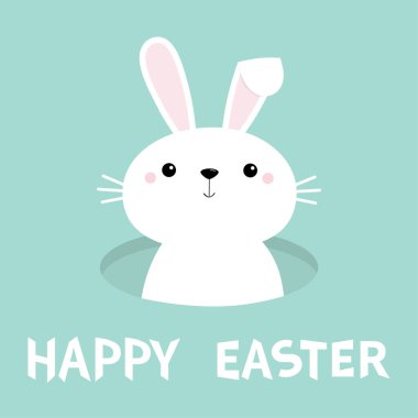 Mutlu Paskalyalar. Tavşan deliğinde beyaz tavşan. Tatlı çizgi film kawaii komik bebek karakteri. Çiftlik hayvanı. Beyaz uzun kulaklar. Bahar tebrik kartı. İzole edilmiş. Mavi arka plan. Düz dizayn. Vektör illüstrasyonu
