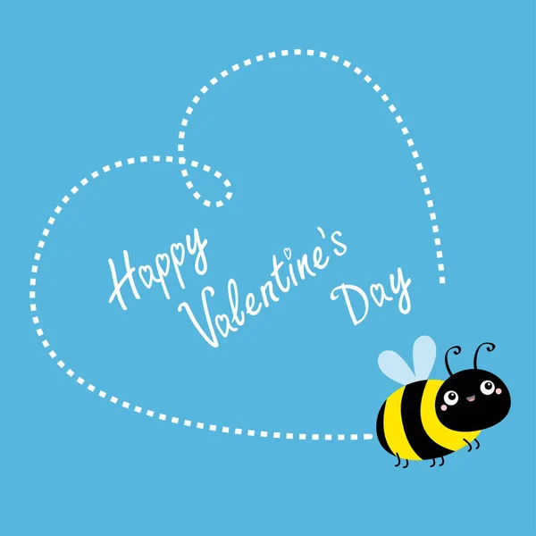 Happy Valentines Day Flying Bee Icon Dash Line Heart Big — Stock Vector