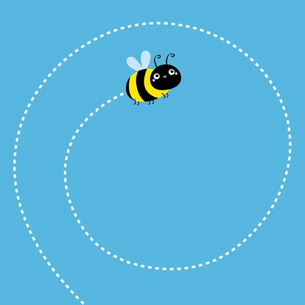 可爱的飞蜂飞溅线盘旋在天空中 卡通片Kawaii婴儿角色 昆虫收集 问候卡 平面设计 蓝色背景 孤立无援矢量说明 — 图库矢量图片