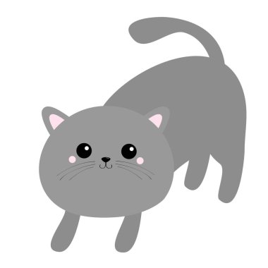 Korkmuş kedi kemeri. Kawaii kedisi. Gri çizgili siluet. Sevimli komik çizgi film karakteri. Mutlu Cadılar Bayramı. Çıkartma izi. Beyaz arka plan. Düz dizayn. Vektör illüstrasyonu