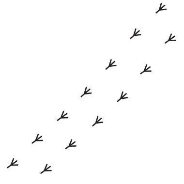 Kuş ayak izleri iz işareti. Hayvan ayak izi seti. Siyah renkli siluet. Şirin çizgi film kawaii dekorasyon elemanı. Düz dizayn. Beyaz arka plan. İzole edilmiş. Vektör illüstrasyonu