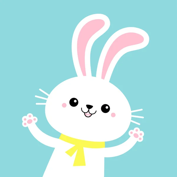ウサギのウサギの手を振って足を印刷します 黄色のスカーフ かわいいカワイイ漫画面白い笑顔の赤ちゃんのキャラクター 白い農場の動物 ハッピーイースター 青の背景 隔離されてる フラットデザイン ベクターイラスト — ストックベクタ