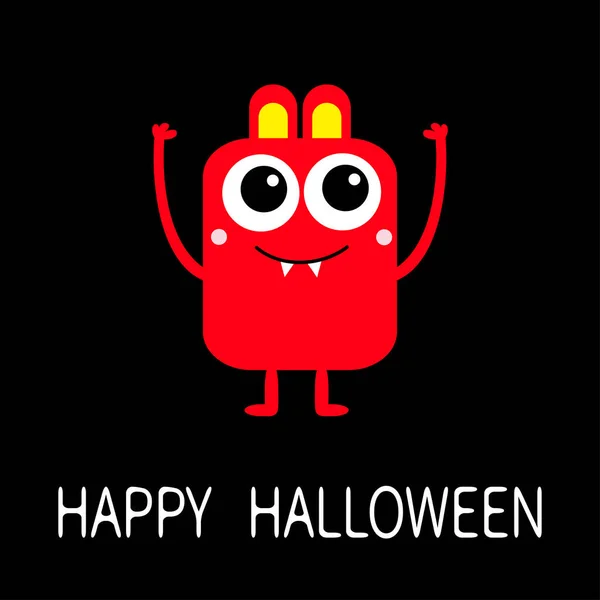 Feliz Halloween Monstruo Rojo Con Dos Ojos Orejas Colmillos Divertido — Vector de stock