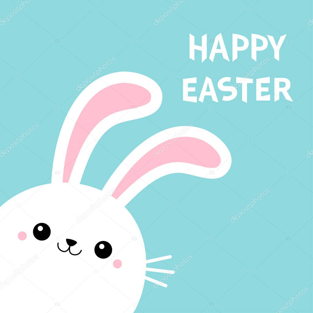 Happy Easter Bunny rabbit face head in the corner. Cute kawaii cartoon funny smiling baby character. White farm animal. Blue background. Isolated. Flat design. Vector illustration