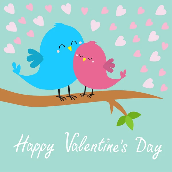 Fijne Valentijnsdag Twee Vogels Zitten Boomtak Vogel Knuffelen Roze Hart — Stockvector