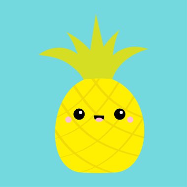 Ananas meyvesi yaprağı. Tatlı çizgi film kawaii komik bebek karakteri gülümsüyor. Merhaba yaz. Tebrik kartı. Düz dizayn. Mavi arka plan. İzole edilmiş. Vektör illüstrasyonu