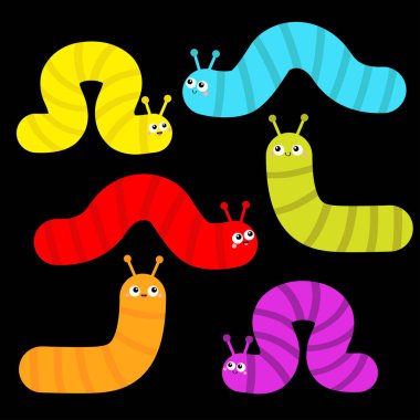 Tırtıl seti. Böcek simgesi. Tatlı sürünen böcek. Çizgi film komik kawaii bebek hayvan karakteri. Gülen yüz, parlak yeşil, mavi, kırmızı, turuncu, mor renk. Düz Tasarım Siyah Arkaplan Vektörü