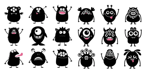 Frohes Halloween Monster Icon Set Nette Kawaii Cartoon Schwarz Lustig — Stockvektor