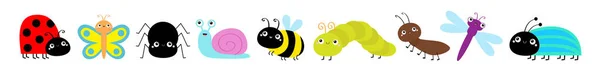 Linia Ustawiania Ikon Owadów Słodkie Robaki Gąsienica Lady Bug Pszczoła — Wektor stockowy