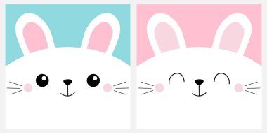 Beyaz tavşancık kafa kare simge seti. Tatlı çizgi film kawaii komik karakter. Not defteri kapağı için evcil hayvan bebek baskısı, tebrik kartı. Bıyık. Mutlu Paskalyalar. Düz dizayn. Mavi arka plan. Vektör