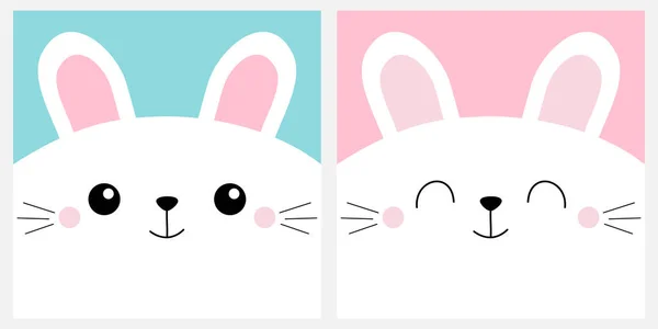 白兔头正方形图标设置 可爱的卡通卡瓦有趣的角色 宠物宝宝打印笔记本封面 复活节快乐平面设计 蓝色背景 — 图库矢量图片