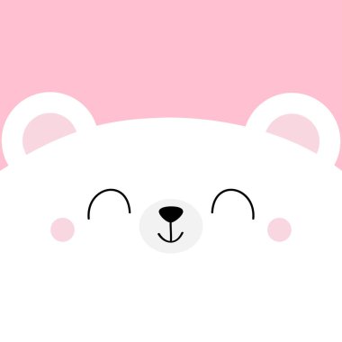 Beyaz ayı kafa kare simgesi. Not defteri kapağı için evcil hayvan bebek baskısı, tebrik kartı. Tatlı çizgi film kawaii komik karakter. Sevgililer Günün kutlu olsun. Düz dizayn. Pembe arka plan. Vektör illüstrasyonu