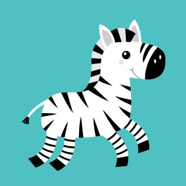 Zebra ikonu. Siyah çizgili at atlayışı. Not defteri kapağı, tişört izi. Tatlı çizgi film kawaii komik bebek karakteri. Hayvanat bahçesi hayvanı. Çocuklar için eğitim kartları. Düz dizayn. İzole edilmiş. Mavi arka plan. Vektör