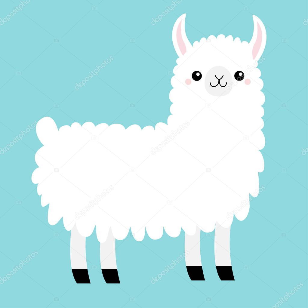 Llama Alpaca animal. Cute cartoon funny kawaii character. Baby face. Childish collection. T-shirt, greeting card, poster template print. Scandinavian style. Flat design Blue background Isolated Vector