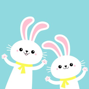 İki tavşancık, el sallıyor. Mutlu Paskalyalar. Tatlı çizgi film kawaii komik bebek karakteri. Sarı eşarp. Beyaz çiftlik hayvanı. Mavi arka plan. İzole edilmiş. Düz dizayn. Vektör illüstrasyonu